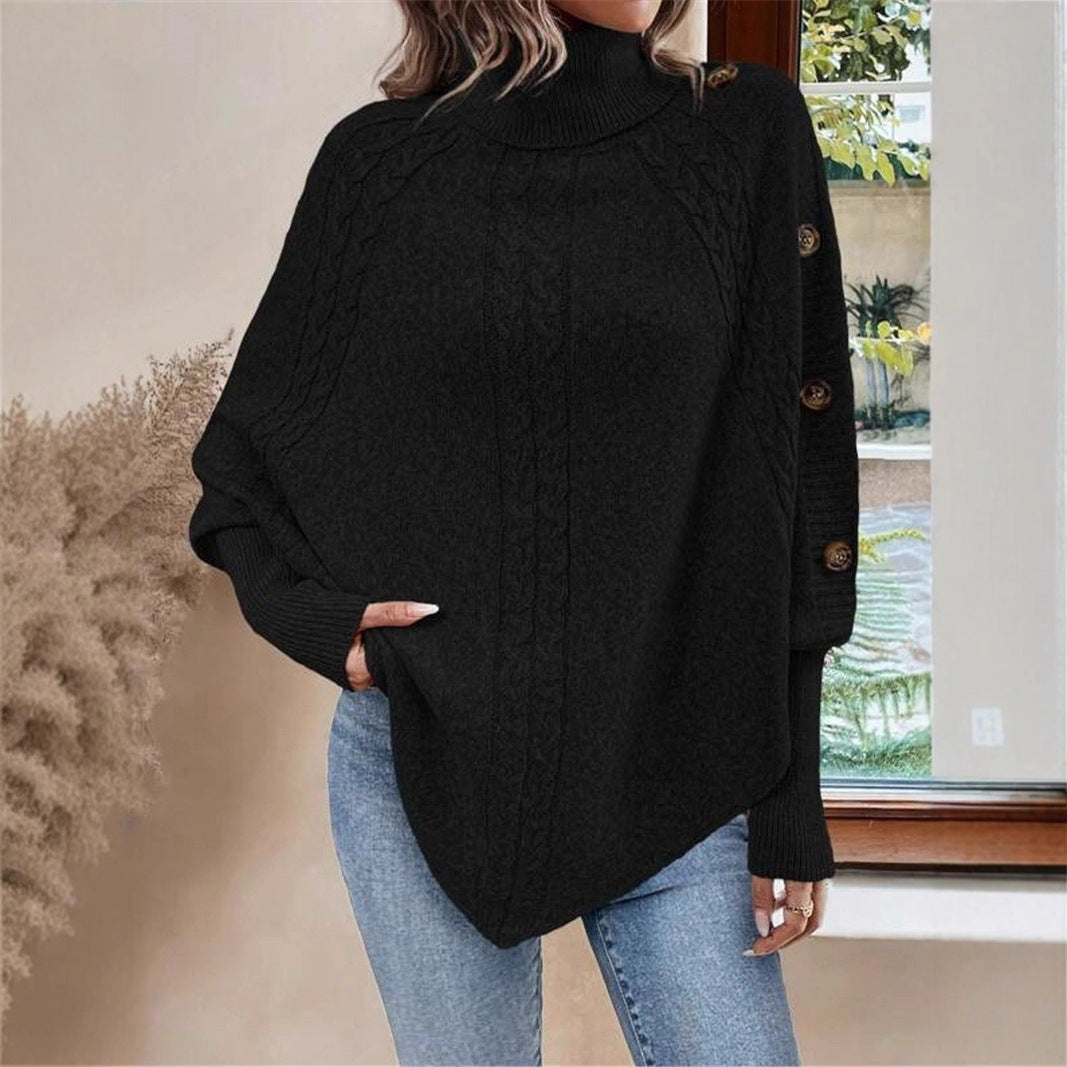 Women’s Turtleneck Batwing Shirt – Long Sleeve with Decorative Buttons