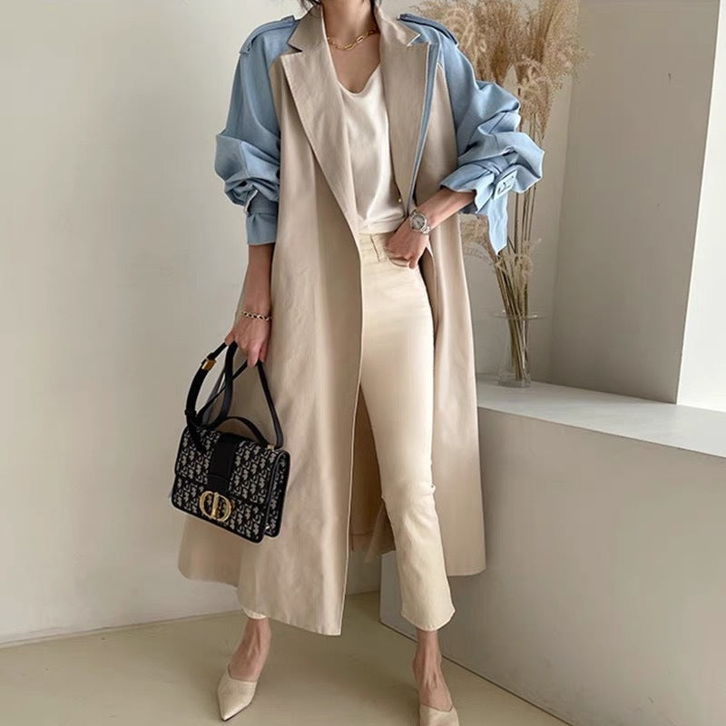 Women’s Long Trench Coat – Retro Lapels, Contrast Stitching, Lace-Up Waist
