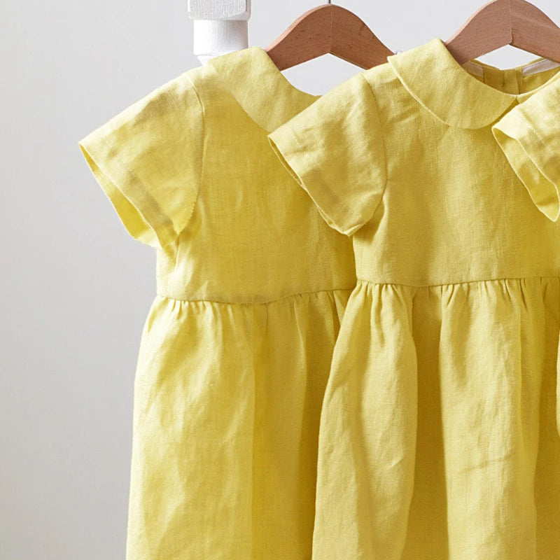 Children Linen Doll Collar Baby Princess Dress 2024 New Girls' Clothing Spring and Summer Short-Sleeve Dress TZ01