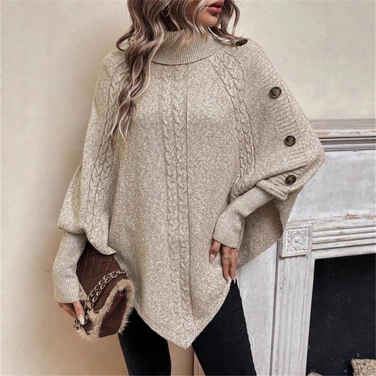 Women’s Turtleneck Batwing Shirt – Long Sleeve with Decorative Buttons