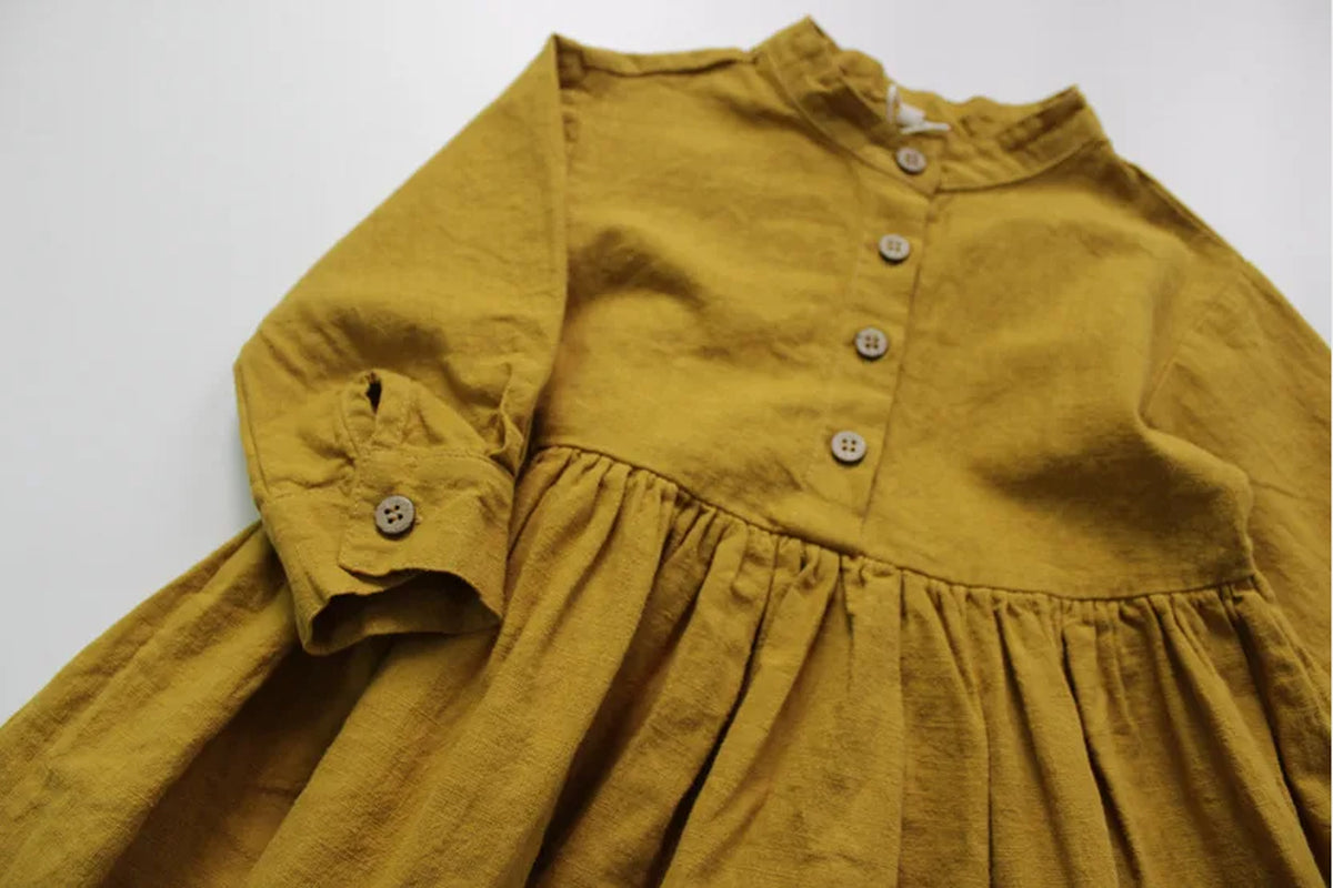 New 2022 Autumn Korean Style Baby Girls Cotton Linen Dresses Long Sleeve Pure Color Toddlers Kids Retro Robe Children Dress