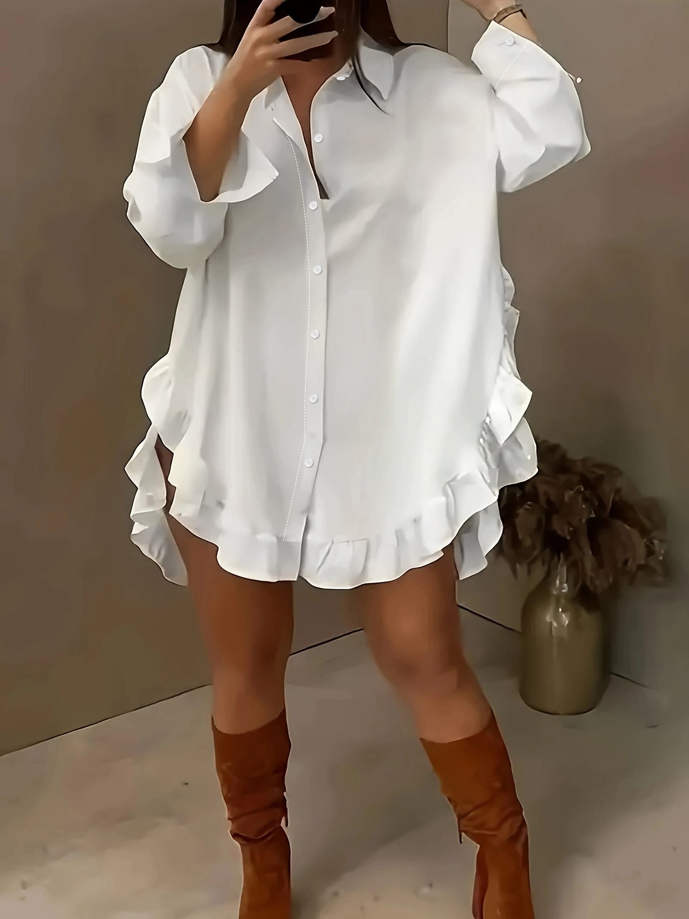 Women’s Long Sleeve Casual Shirt – Ruffled Hem, Soft Fit, Everyday Elegance