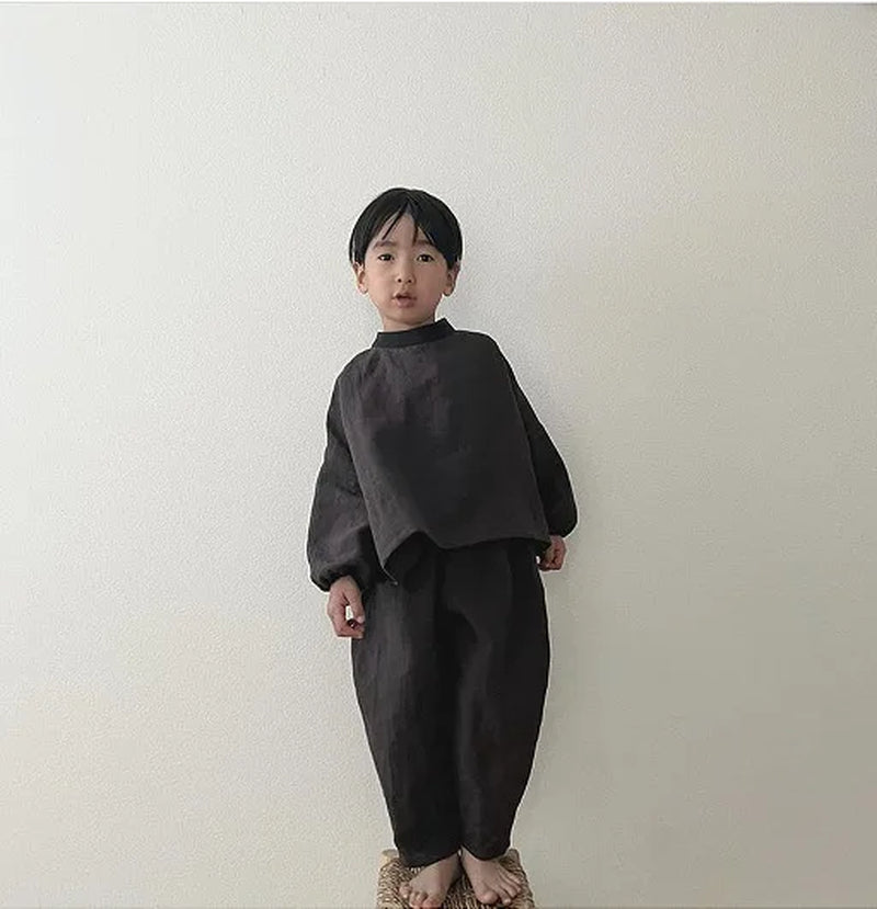 Children Clothing Set 2024 Autumn Cotton and Linen Casual T-Shirt and Loose Casual Pants Neutral Fashionable Two-Piece Set