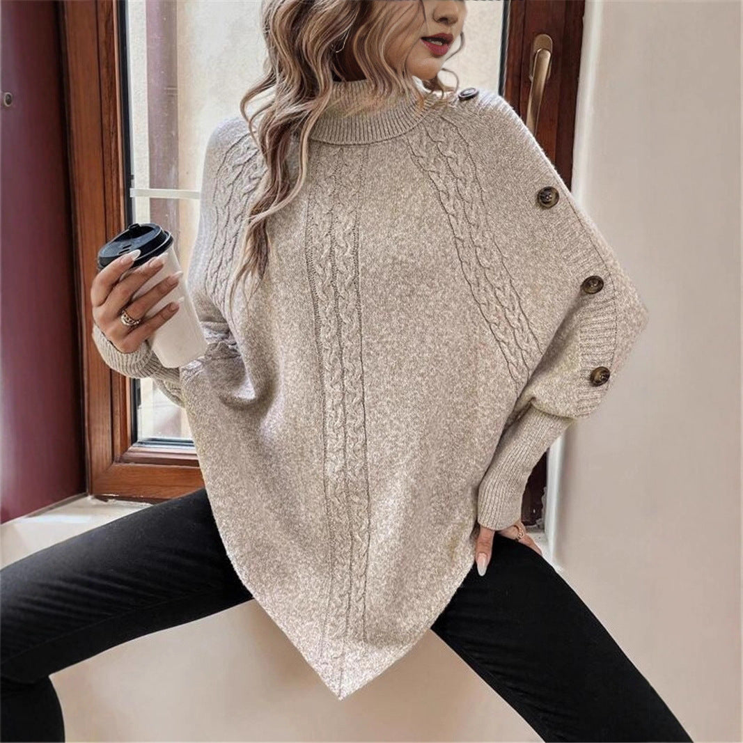 Women’s Turtleneck Batwing Shirt – Long Sleeve with Decorative Buttons