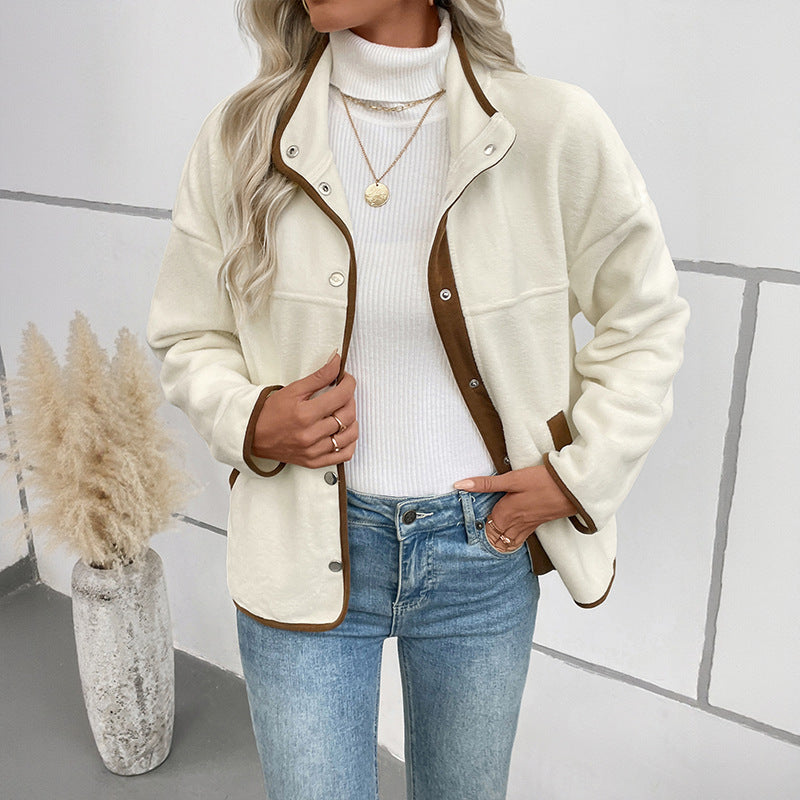 Women’s Contrast Color Polar Fleece Cardigan – Short Stand-Up Collar Jacket