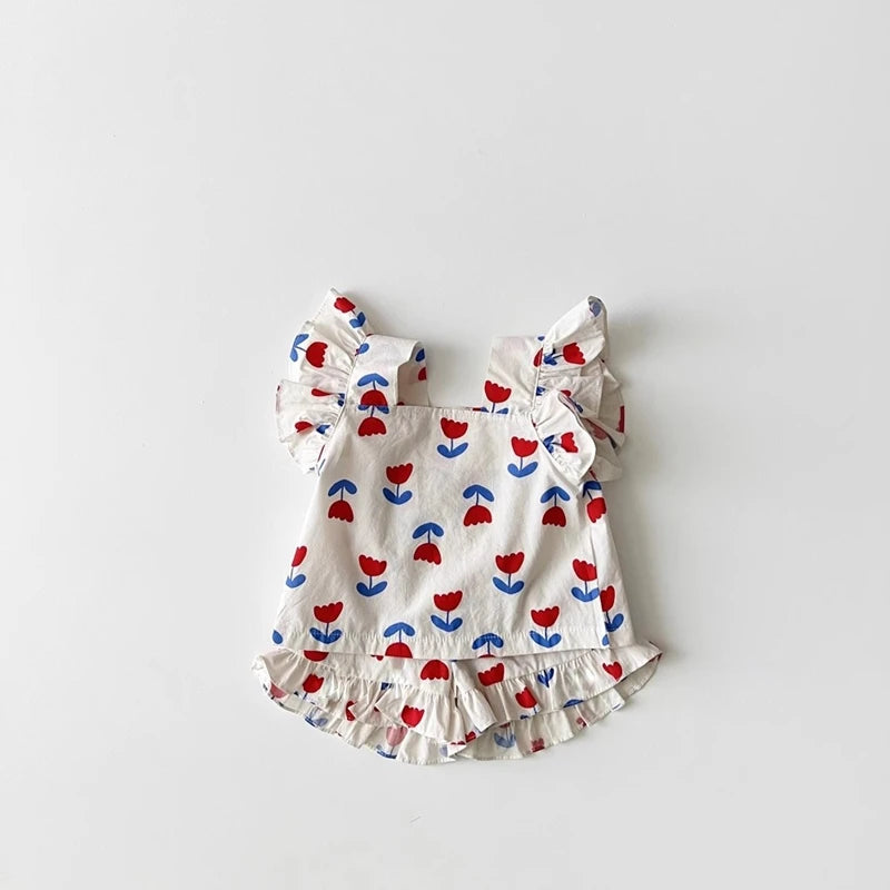 Summer Kids Girls Clothes Sets 2025 Flower Printed Sleeveless Tee Tops+ Shorts Suits Children Clothing Sets Baby Girls Clothes