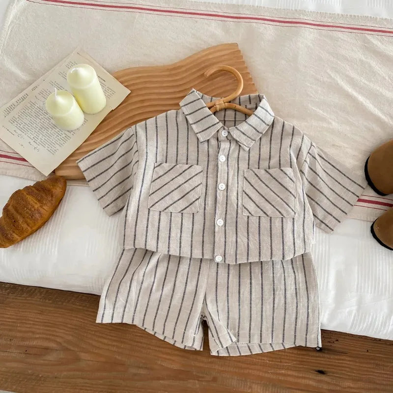 2024 Summer Korean Style Baby Boys Striped Outfits Cotton Linen Shirts Shorts 2Pcs Children Casual Loose Sets