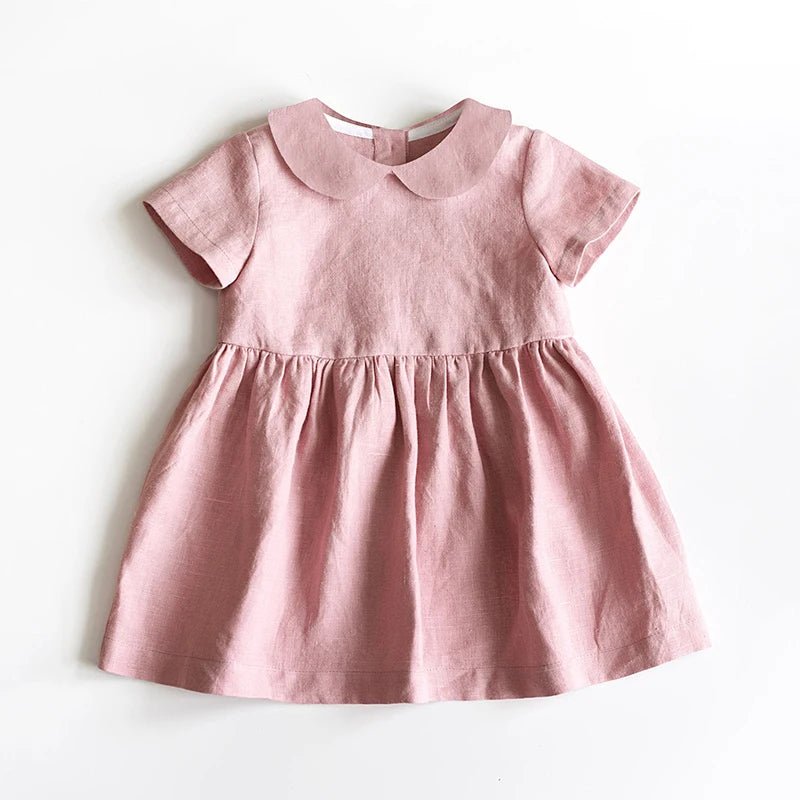 Children Linen Doll Collar Baby Princess Dress 2024 New Girls' Clothing Spring and Summer Short-Sleeve Dress TZ01