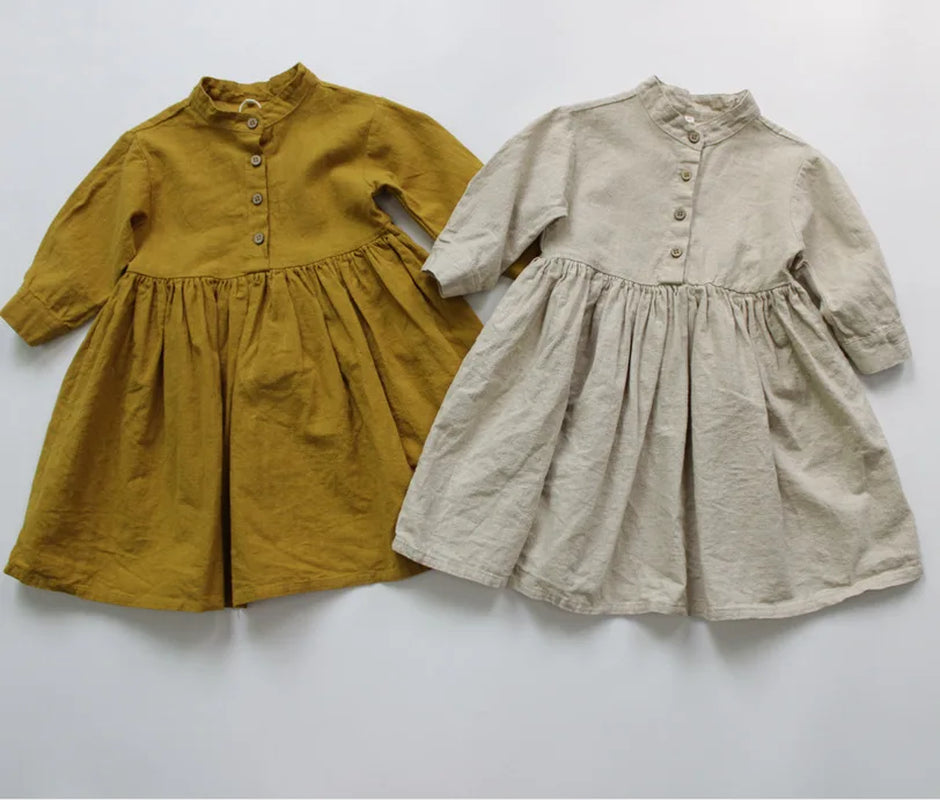 New 2022 Autumn Korean Style Baby Girls Cotton Linen Dresses Long Sleeve Pure Color Toddlers Kids Retro Robe Children Dress