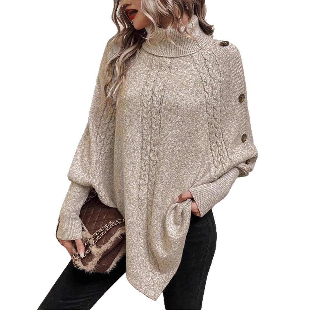 Women’s Turtleneck Batwing Shirt – Long Sleeve with Decorative Buttons