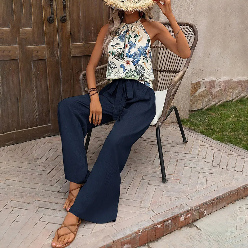 Chic Summer Two-Piece Set – Halter Crop Top & Wide-Leg Pants