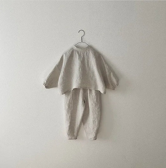Children Clothing Set 2024 Autumn Cotton and Linen Casual T-Shirt and Loose Casual Pants Neutral Fashionable Two-Piece Set