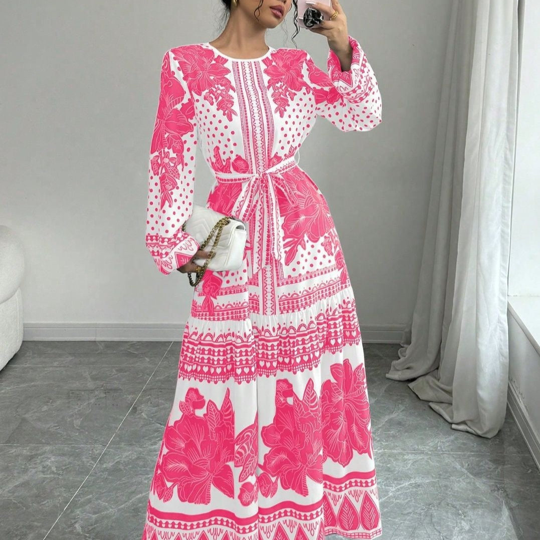 Women’s Printed Long Sleeve Dress – European and American Style