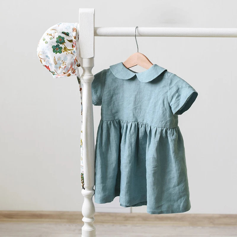 Children Linen Doll Collar Baby Princess Dress 2024 New Girls' Clothing Spring and Summer Short-Sleeve Dress TZ01