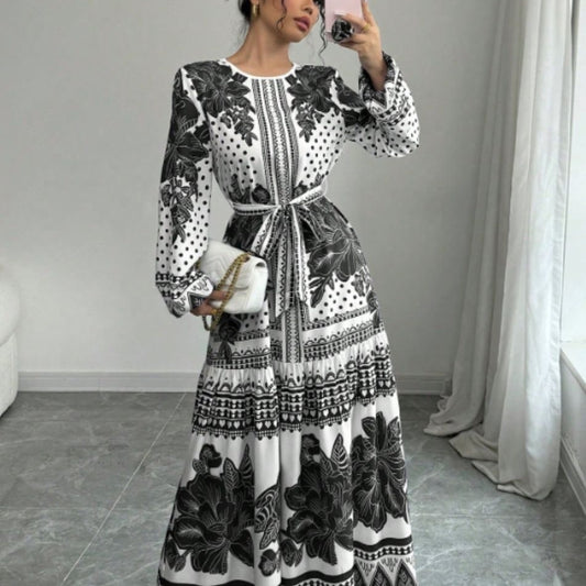 Women’s Printed Long Sleeve Dress – European and American Style