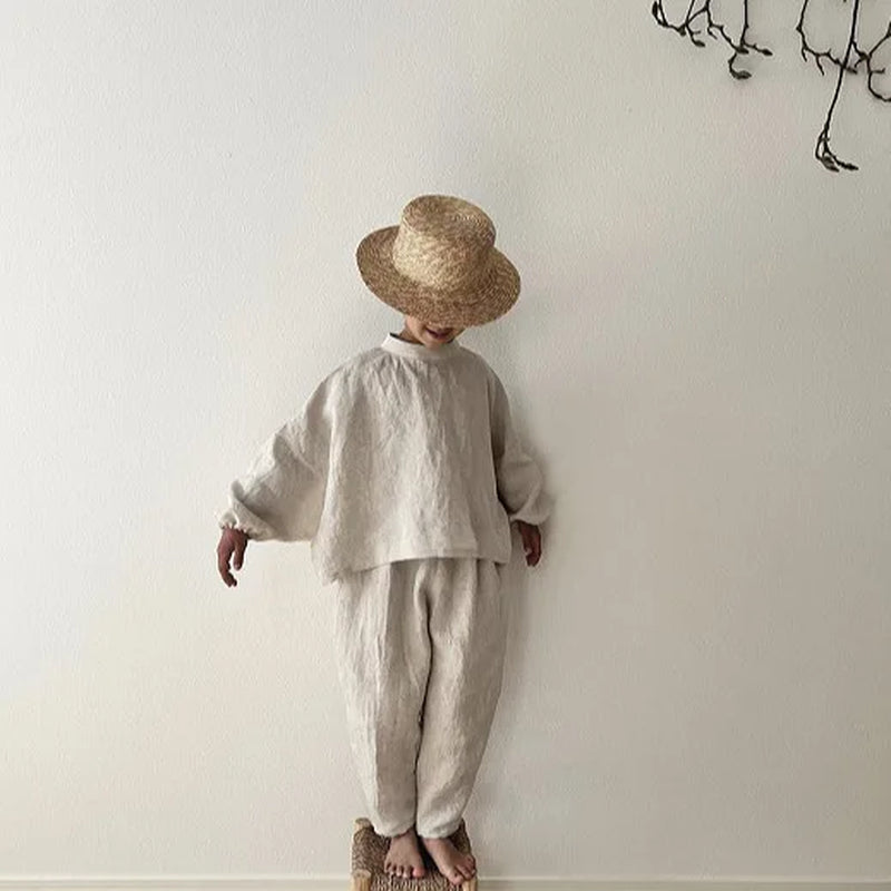 Children Clothing Set 2024 Autumn Cotton and Linen Casual T-Shirt and Loose Casual Pants Neutral Fashionable Two-Piece Set