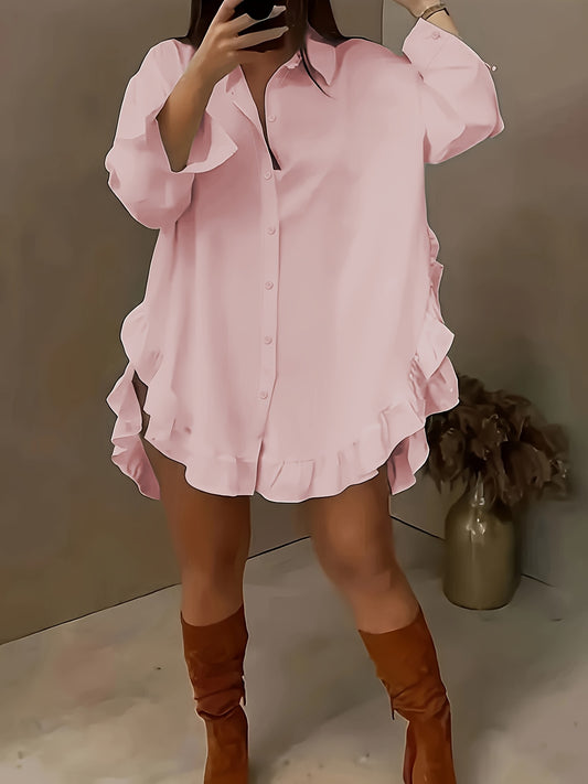 Women’s Long Sleeve Casual Shirt – Ruffled Hem, Soft Fit, Everyday Elegance