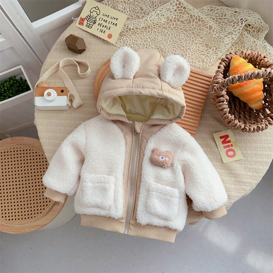 Children’s Winter Jacket – Cute Bear Cotton-Padded Coat with Velvet Lining