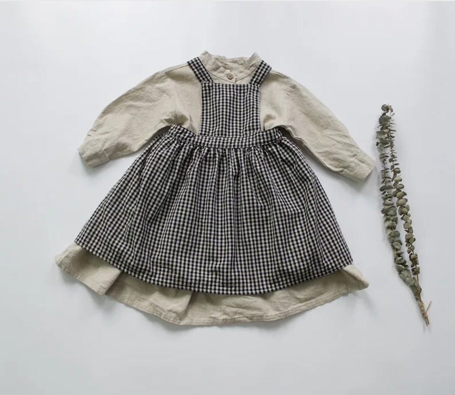 New 2022 Autumn Korean Style Baby Girls Cotton Linen Dresses Long Sleeve Pure Color Toddlers Kids Retro Robe Children Dress