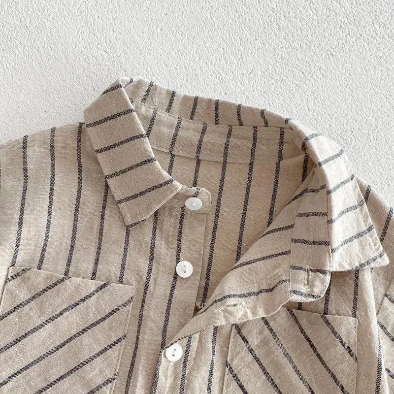 2024 Summer Korean Style Baby Boys Striped Outfits Cotton Linen Shirts Shorts 2Pcs Children Casual Loose Sets