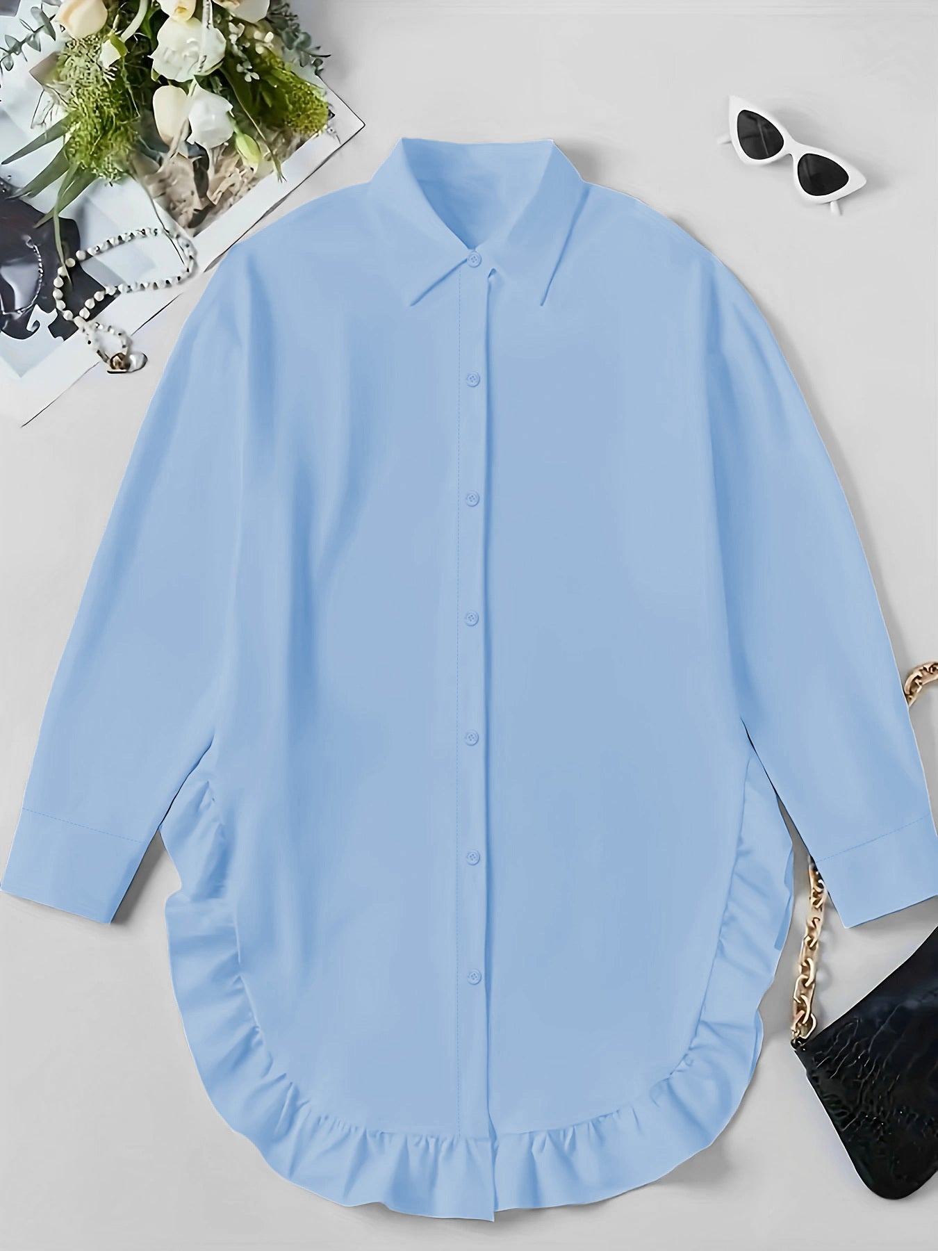 Women’s Long Sleeve Casual Shirt – Ruffled Hem, Soft Fit, Everyday Elegance