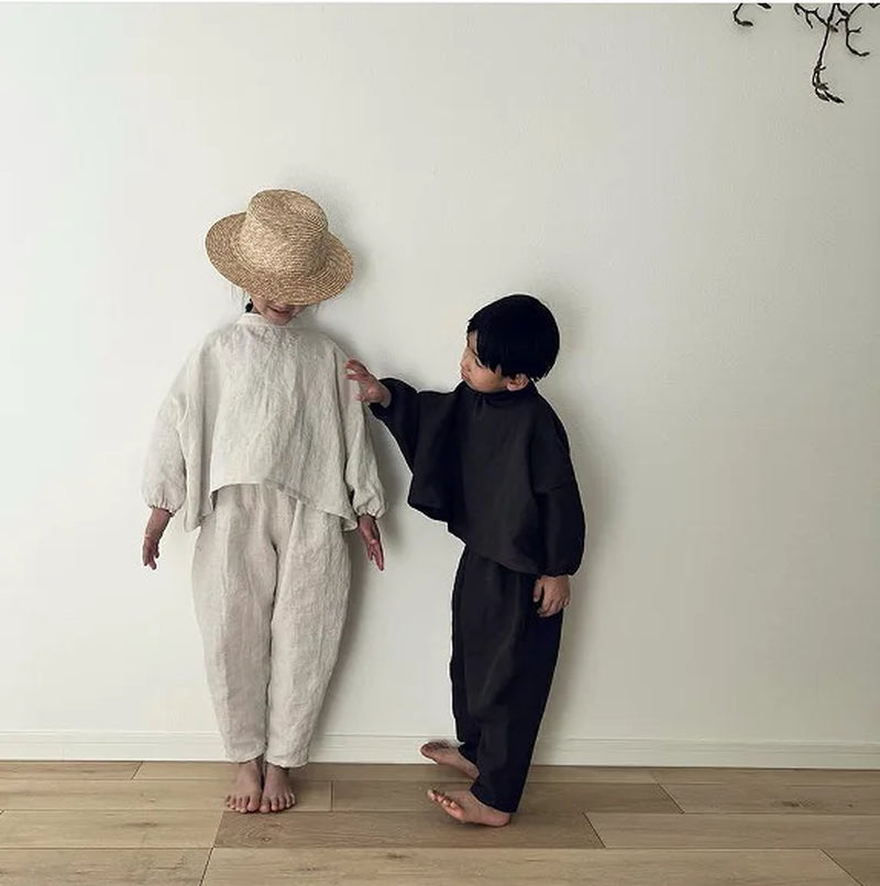 Children Clothing Set 2024 Autumn Cotton and Linen Casual T-Shirt and Loose Casual Pants Neutral Fashionable Two-Piece Set